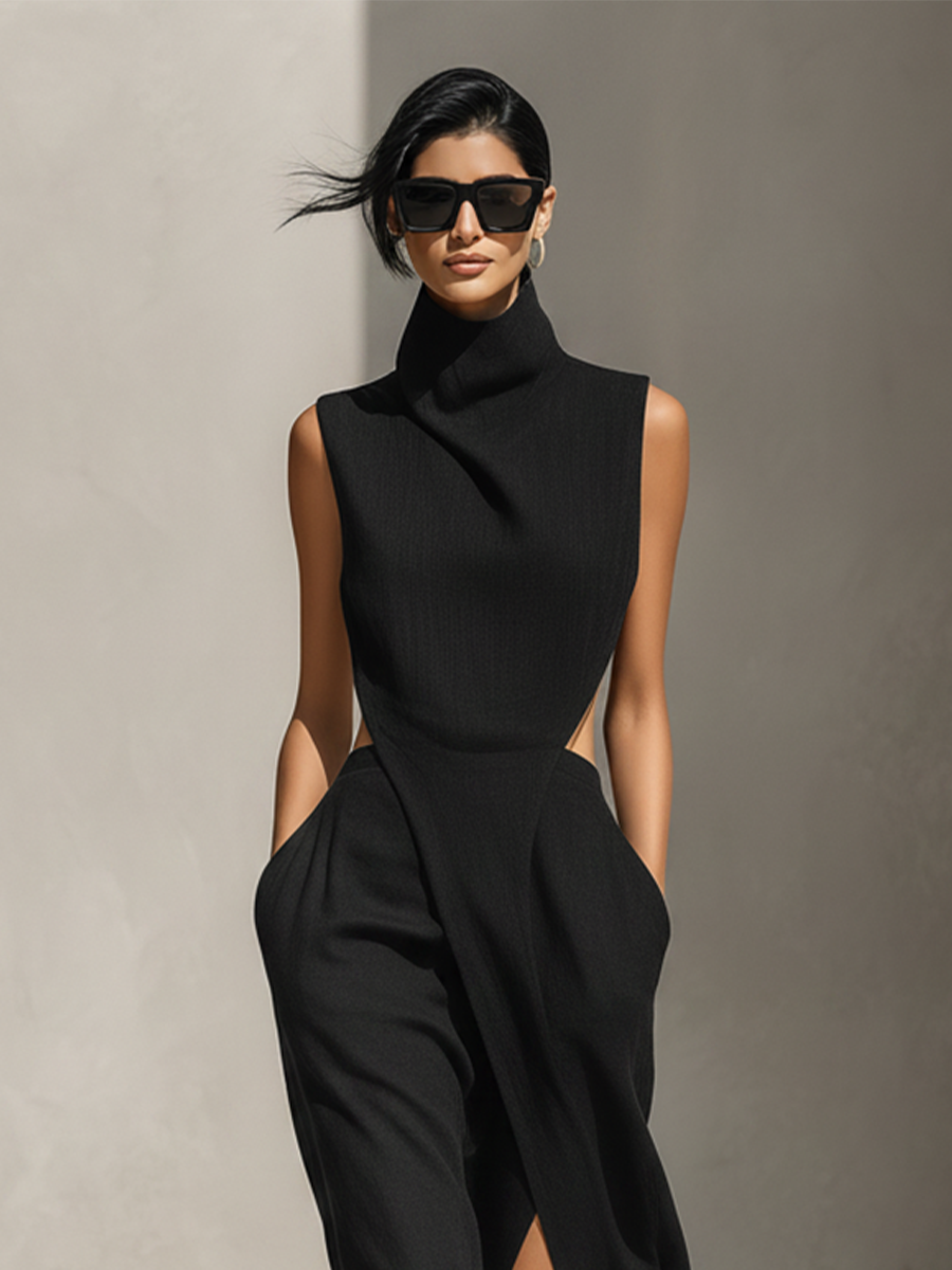 Women's Solid Black High-Neck Sleeveless Dress With Asymmetrical Draped Front & Side Slit, Modern Chic Cocktail Dress MDZ0980F3LYL