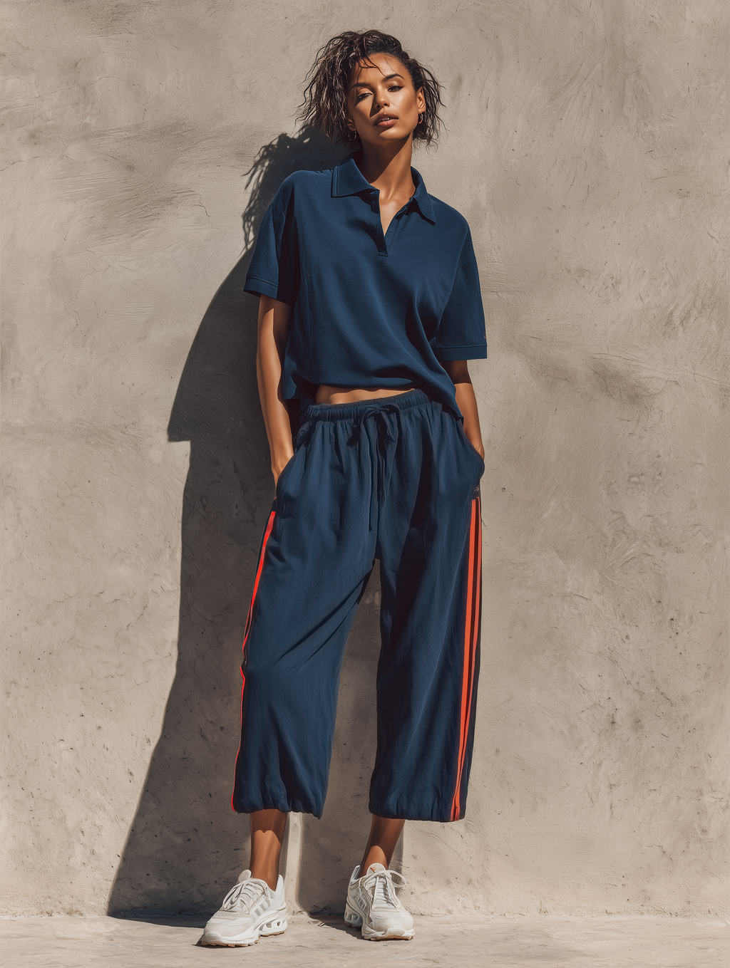 Women’s Navy Loose Short Sleeve Polo Shirt & Elastic Drawstring Waist Orange Stripe Cropped Jogger Pants Two-Piece Set MDZ0983F7T