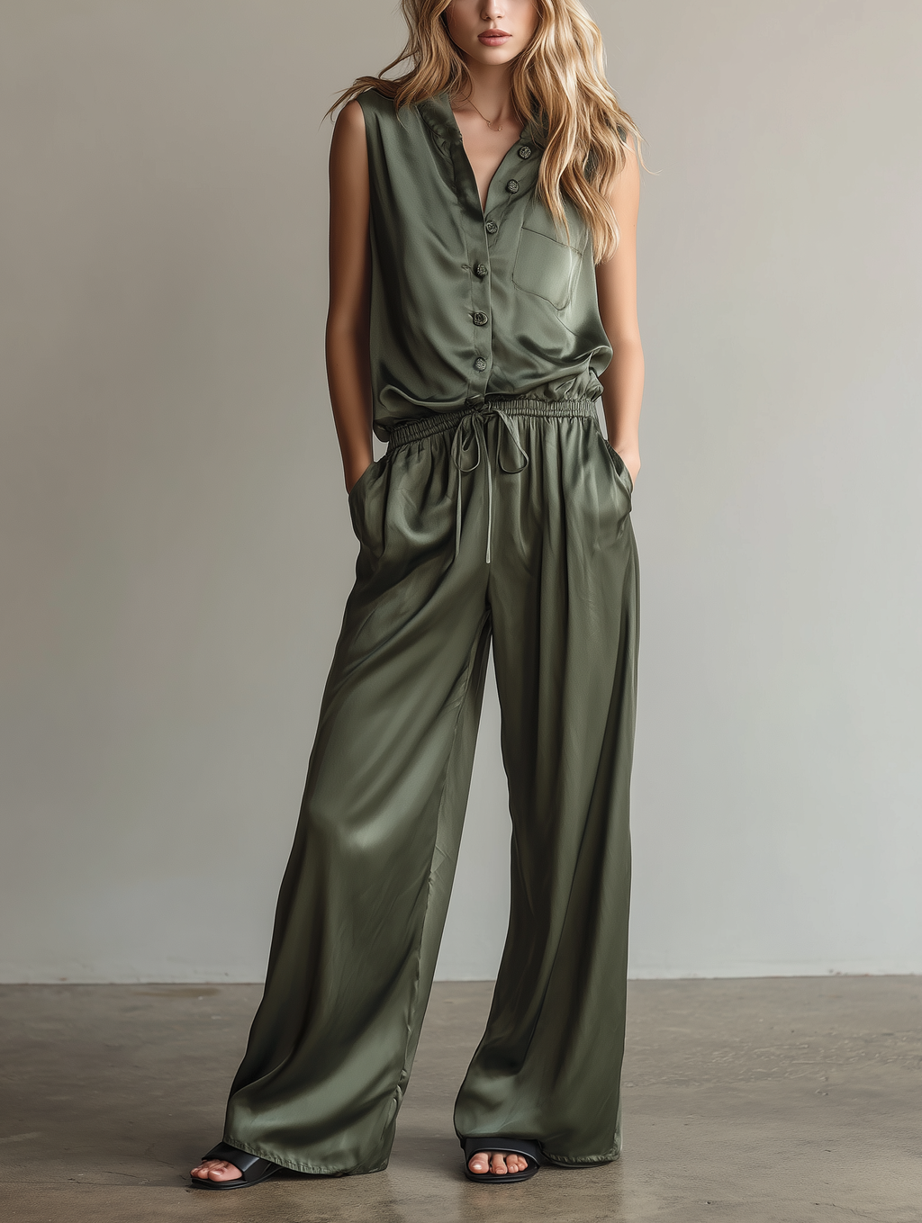 Women's Casual Sage Green Satin Sleeveless Jumpsuit MDZ0967F1LXY