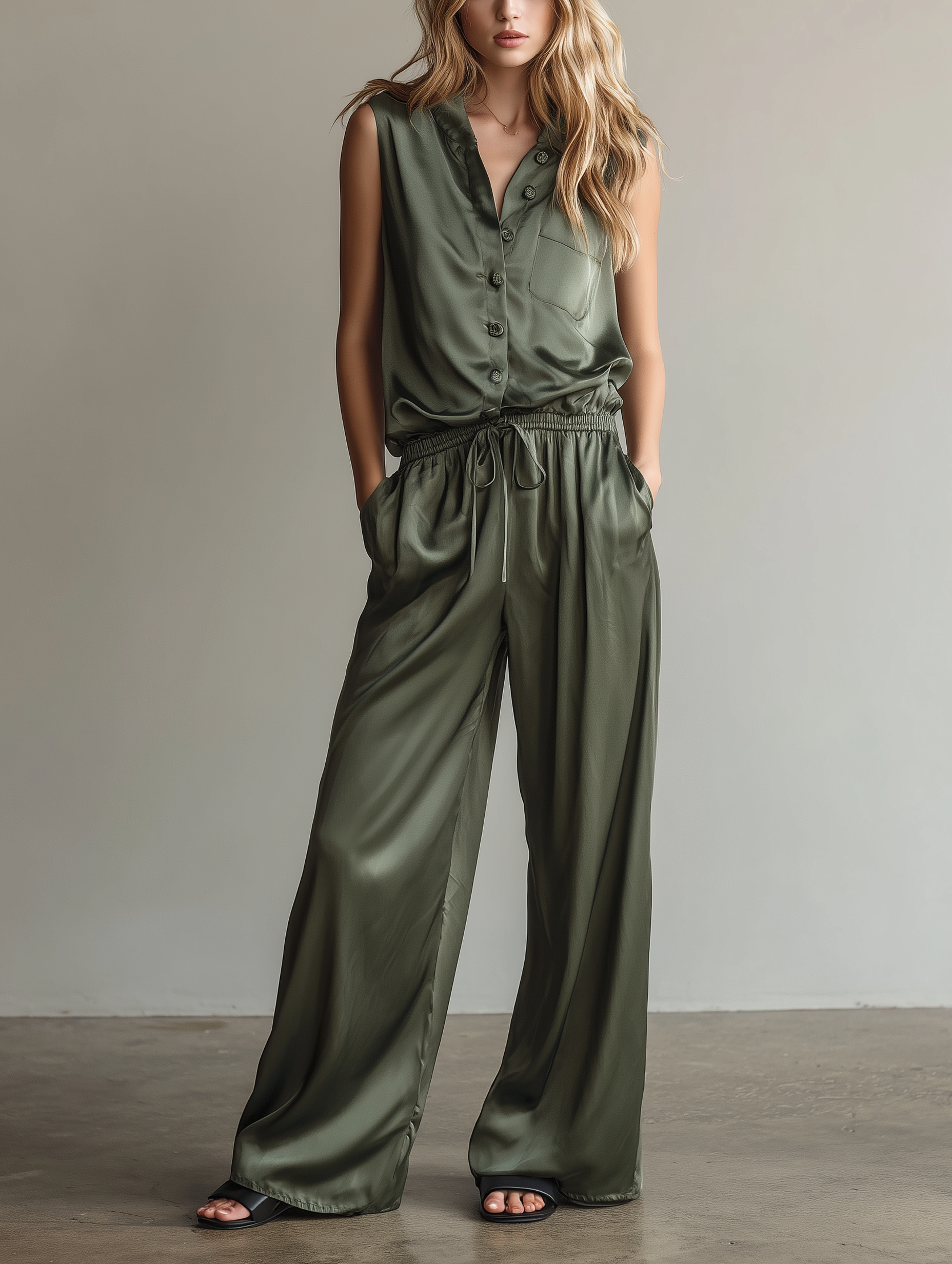 Women's Casual Sage Green Satin Sleeveless Jumpsuit MDZ0967F1LXY