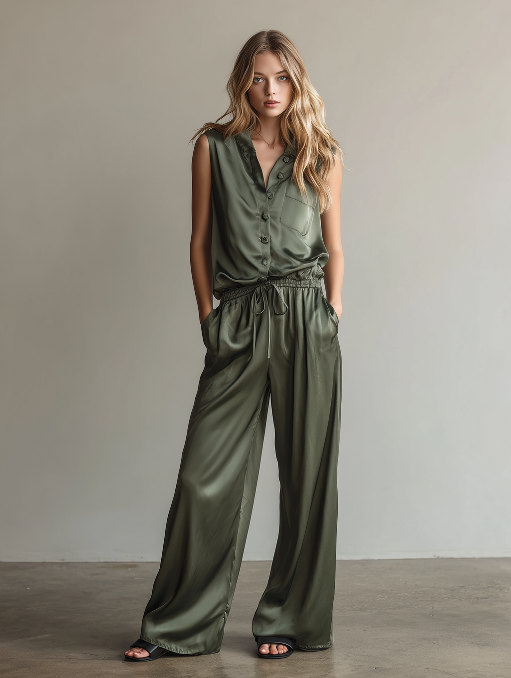 Women's Casual Sage Green Satin Sleeveless Jumpsuit MDZ0967F1LXY