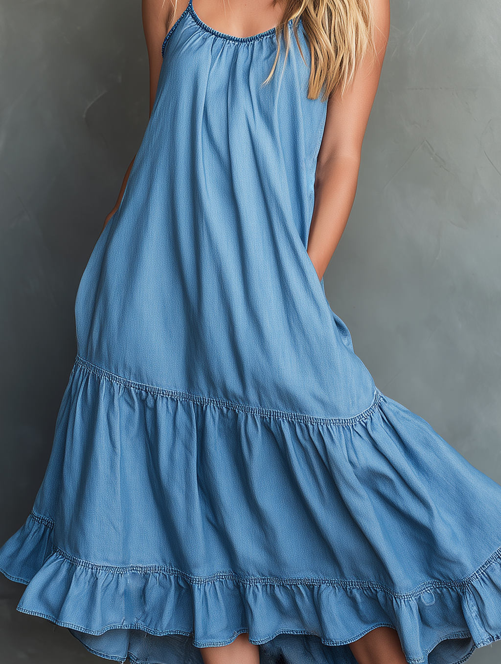 Women's Casual Blue Denim Maxi Dress With Straps MDZ0935F3LXY