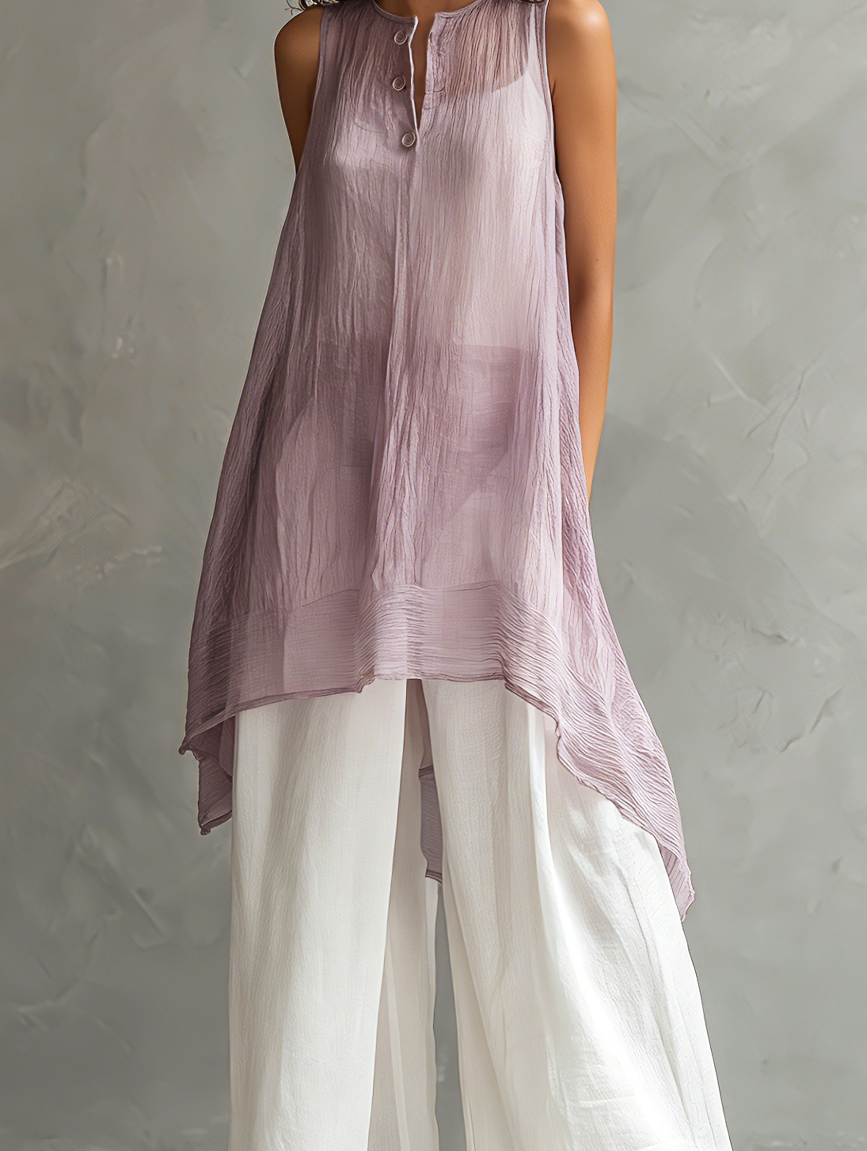Women's Casual Sleeveless Light Purple Chiffon Blouse Paired With Cotton-linen Trousers (includes A Camisole) MDZ0948F1LXY