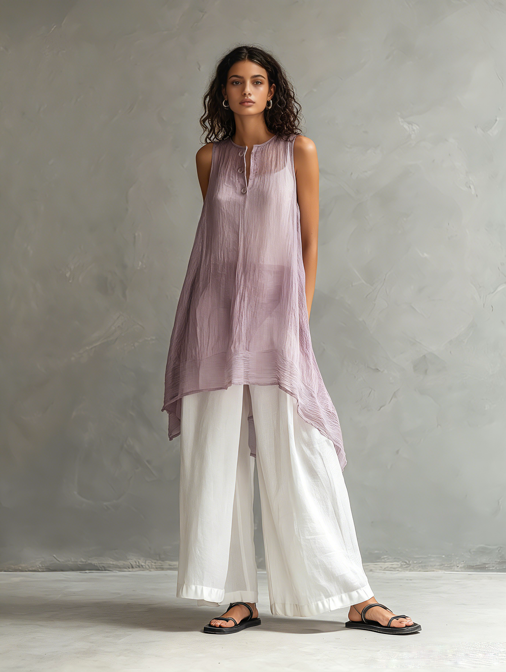 Women's Casual Sleeveless Light Purple Chiffon Blouse Paired With Cotton-linen Trousers (includes A Camisole) MDZ0948F1LXY