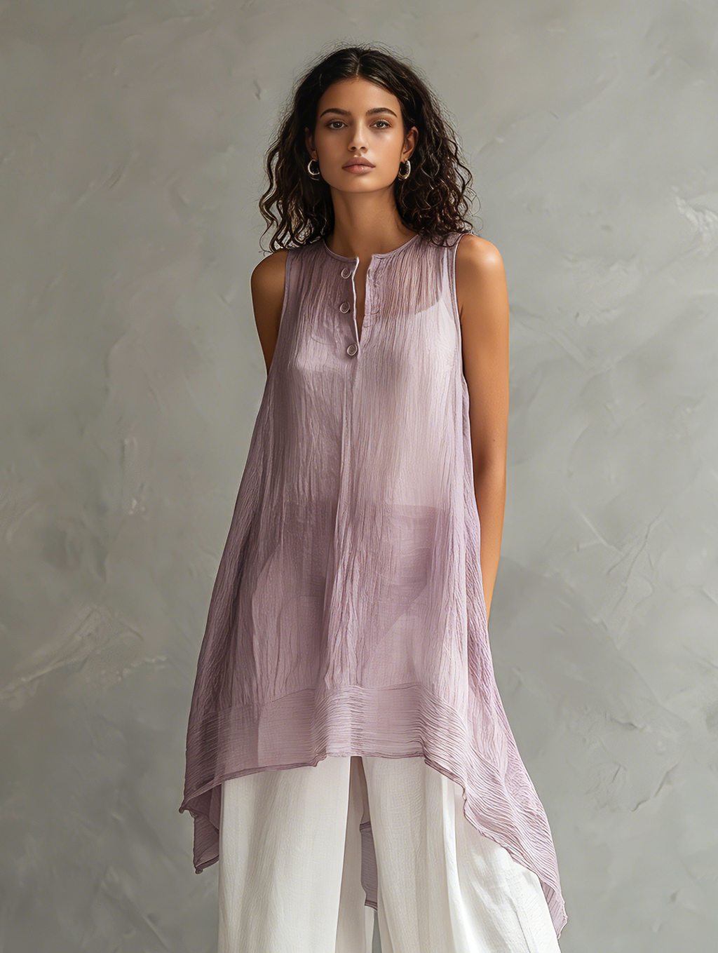 Women's Casual Sleeveless Light Purple Chiffon Blouse Paired With Cotton-linen Trousers (includes A Camisole) MDZ0948F1LXY