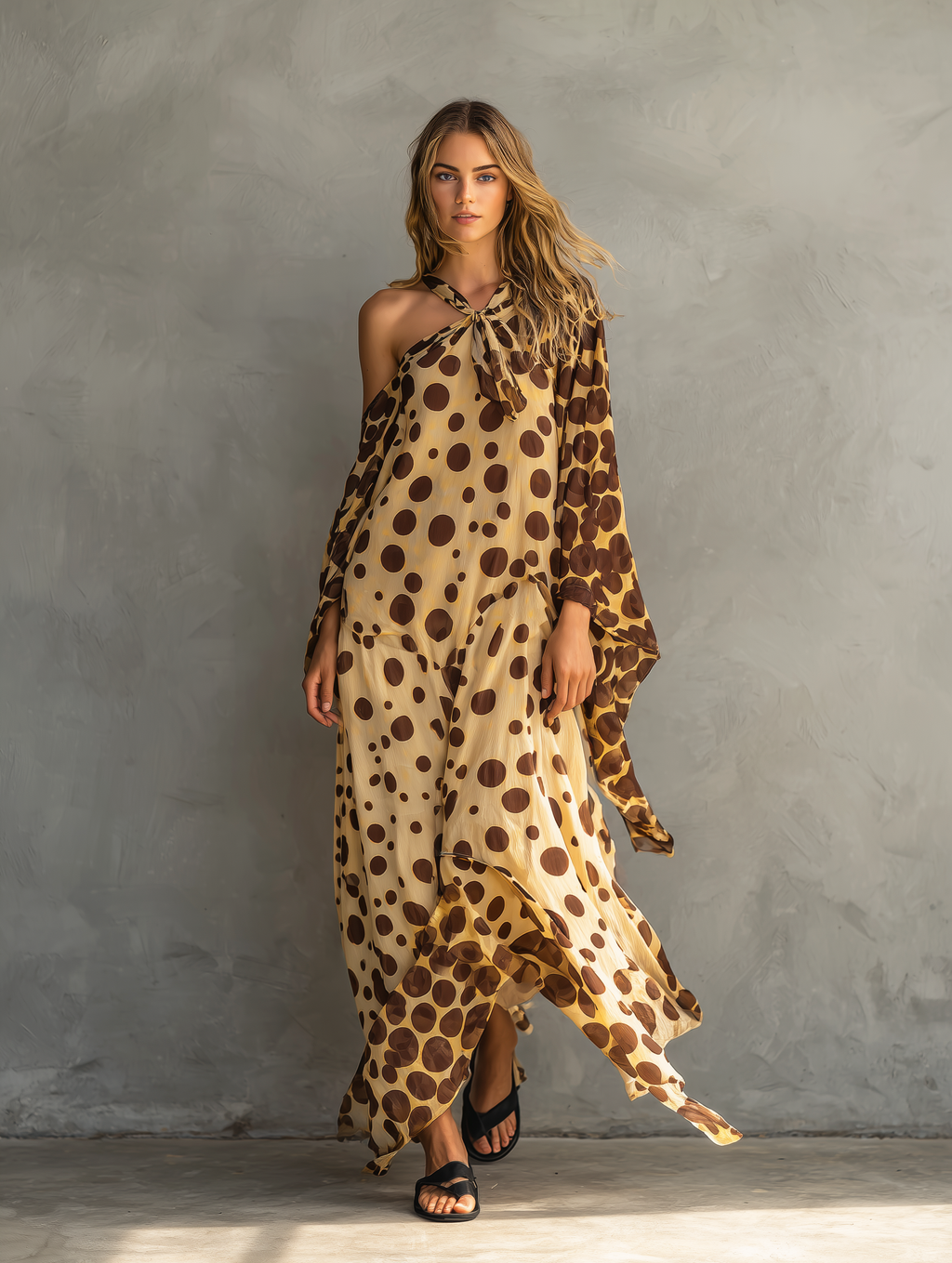 Women's Casual Long-sleeved Maxi Dress In Yellow And Brown Polka-dot Chiffon MDZ0992F1LXY