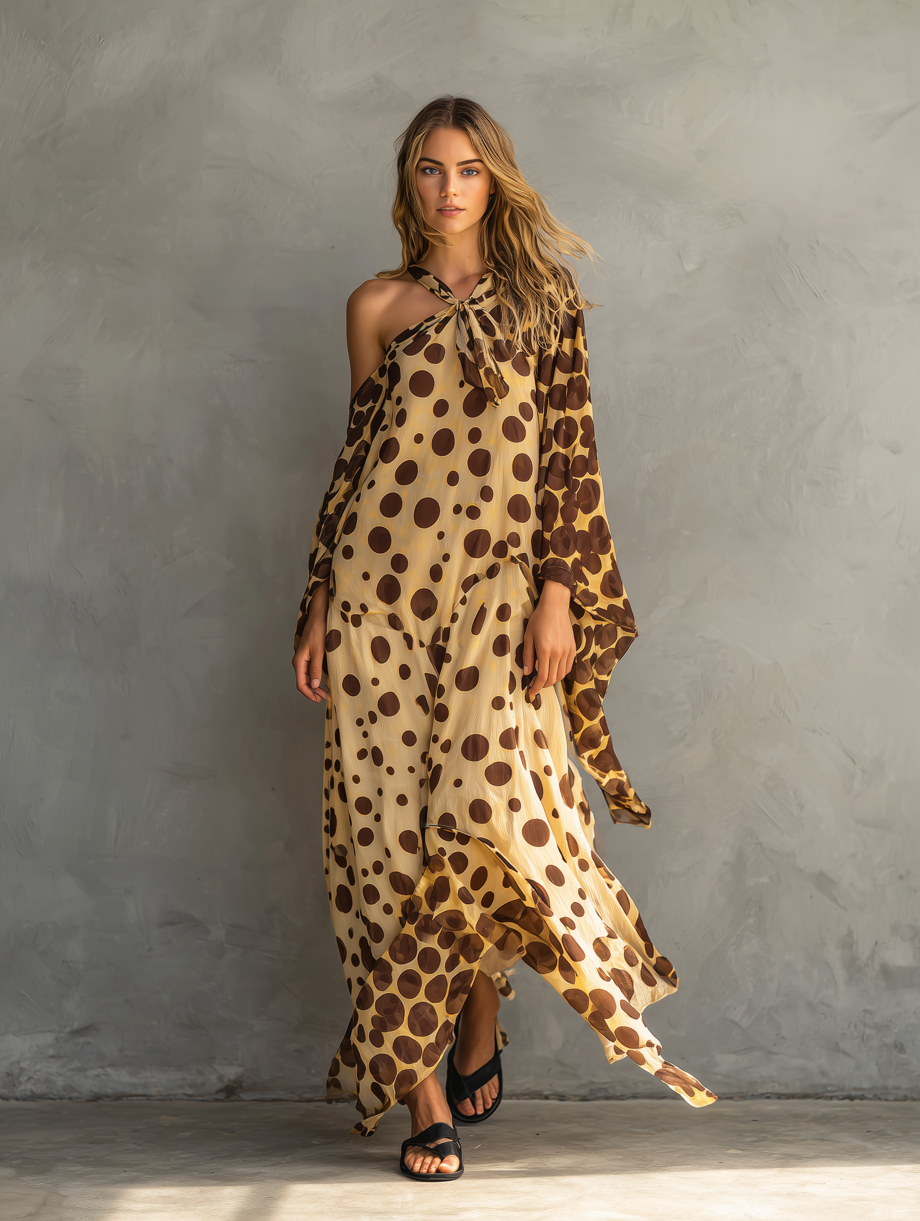 Women's Casual Long-sleeved Maxi Dress In Yellow And Brown Polka-dot Chiffon MDZ0992F1LXY