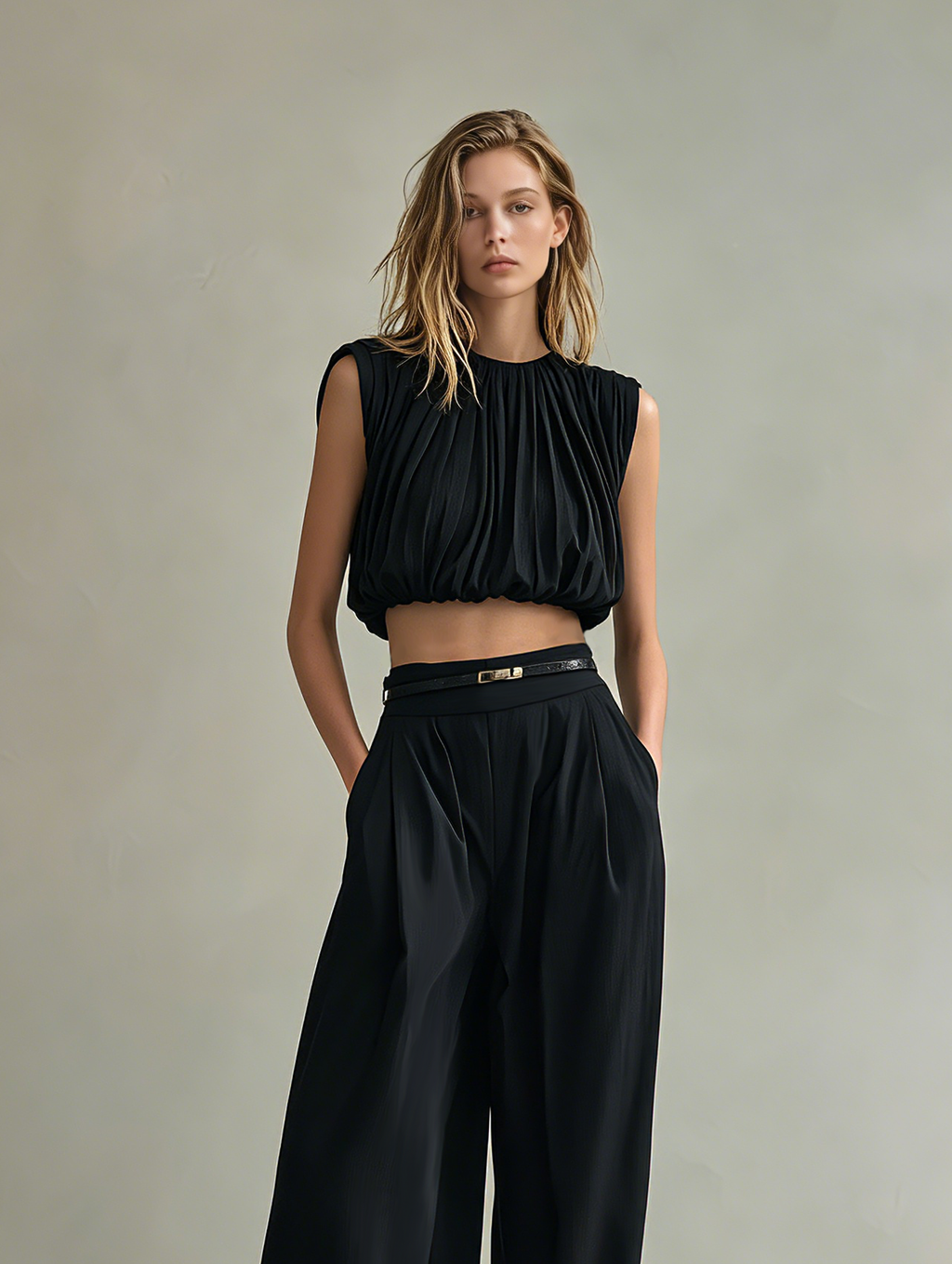Women's Elegant Black Sleeveless Chiffon Top Paired With Black Woven Trousers (belt Not Included) MDZ0919F3LXY