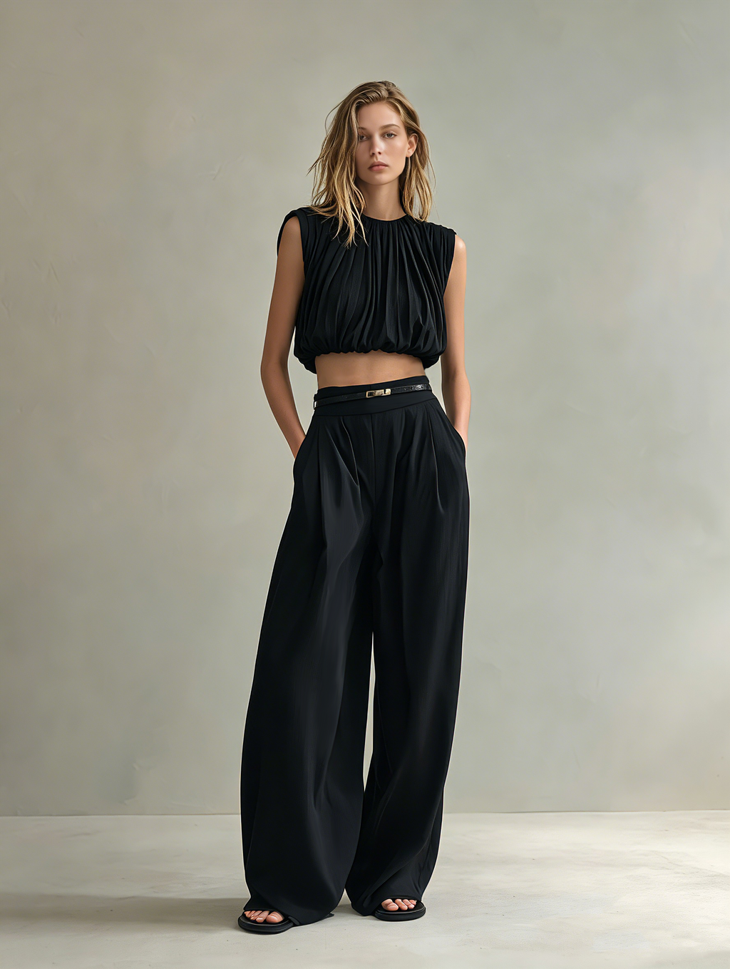 Women's Elegant Black Sleeveless Chiffon Top Paired With Black Woven Trousers (belt Not Included) MDZ0919F3LXY