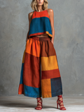 Women's Casual Sleeveless Round-neck Top And Trousers In A Multi-color Patchwork Cotton-linen Blend MDZ0917F0LXY