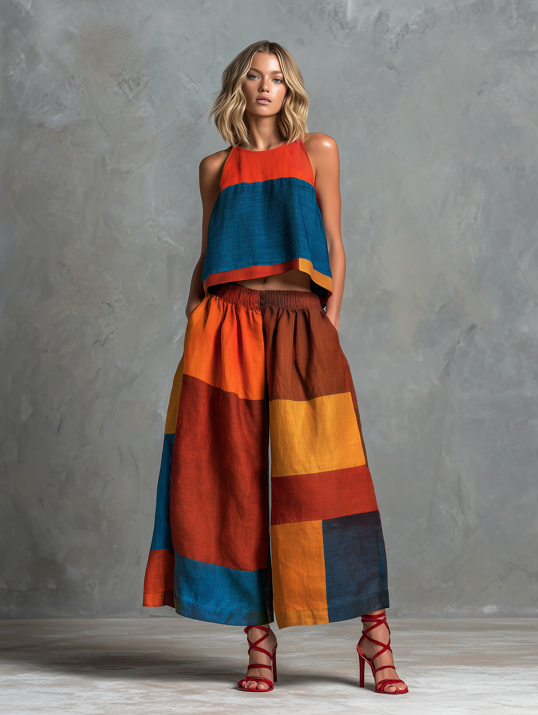 Women's Casual Sleeveless Round-neck Top And Trousers In A Multi-color Patchwork Cotton-linen Blend MDZ0917F0LXY