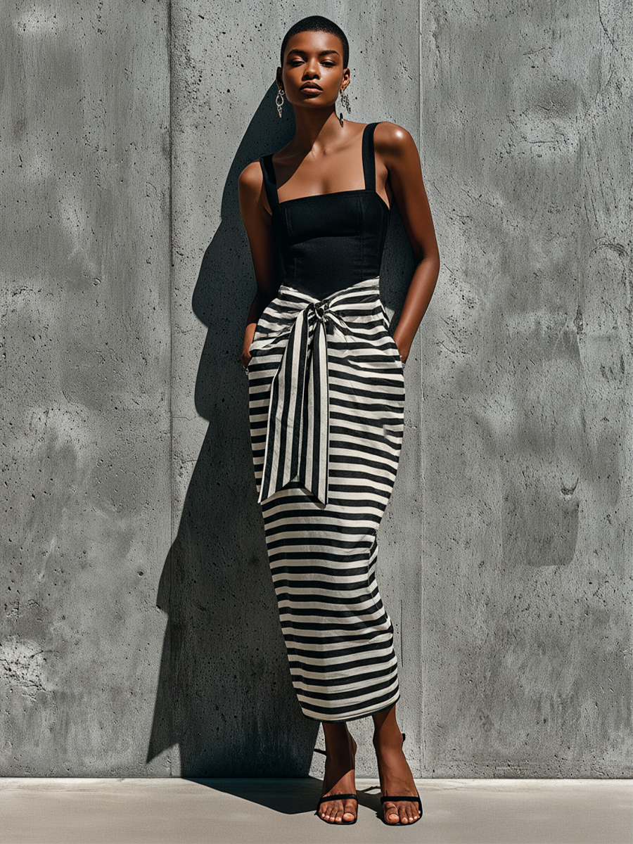 Women's Black Square-Neck Sleeveless Knit Dress With Striped Hem MDZ0935F6T
