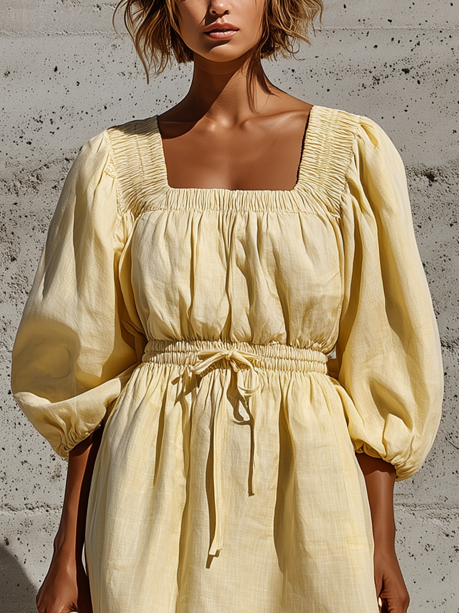 Women’s Pale Yellow Linen-Blend Square Neck Smocked Elastic Drawstring Waist Puff Sleeve Midi Dress MDZ0950F9T