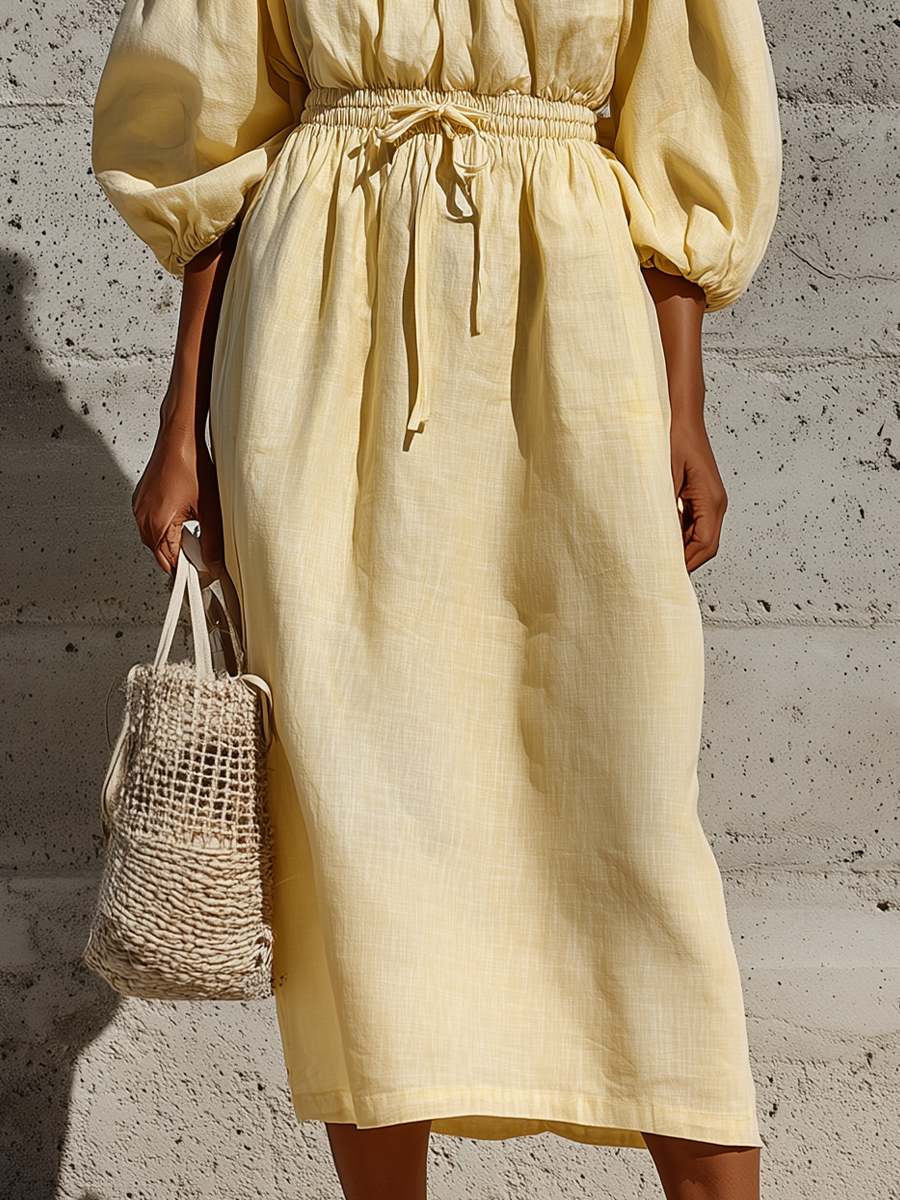Women’s Pale Yellow Linen-Blend Square Neck Smocked Elastic Drawstring Waist Puff Sleeve Midi Dress MDZ0950F9T