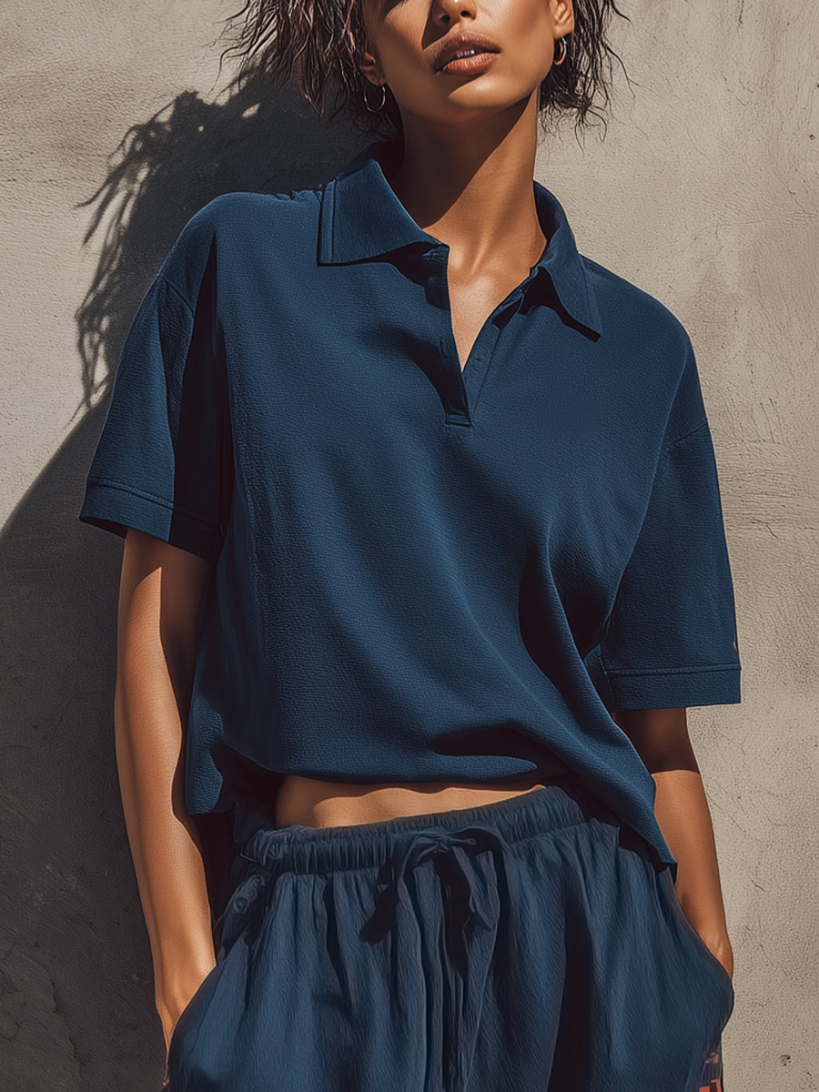 Women’s Navy Loose Short Sleeve Polo Shirt & Elastic Drawstring Waist Orange Stripe Cropped Jogger Pants Two-Piece Set MDZ0983F7T