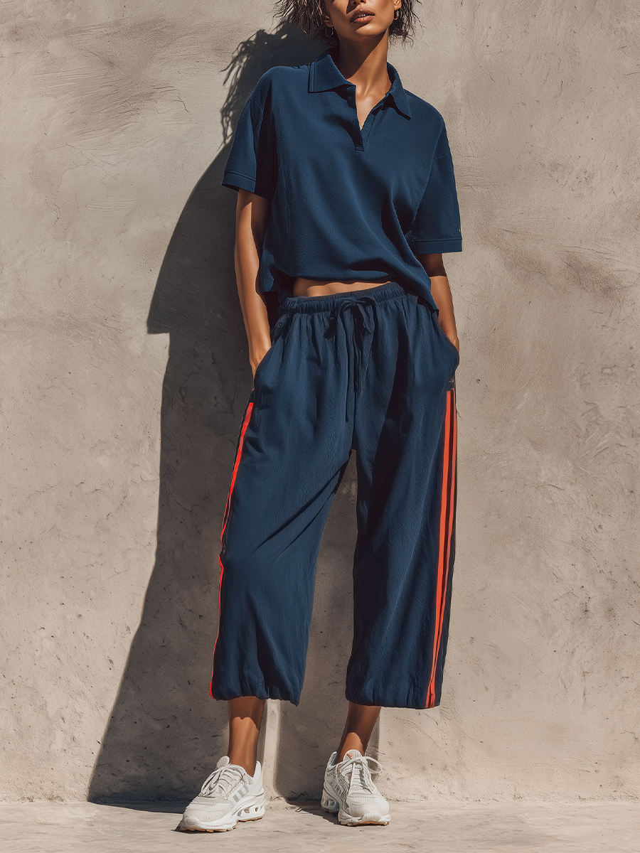 Women’s Navy Loose Short Sleeve Polo Shirt & Elastic Drawstring Waist Orange Stripe Cropped Jogger Pants Two-Piece Set MDZ0983F7T