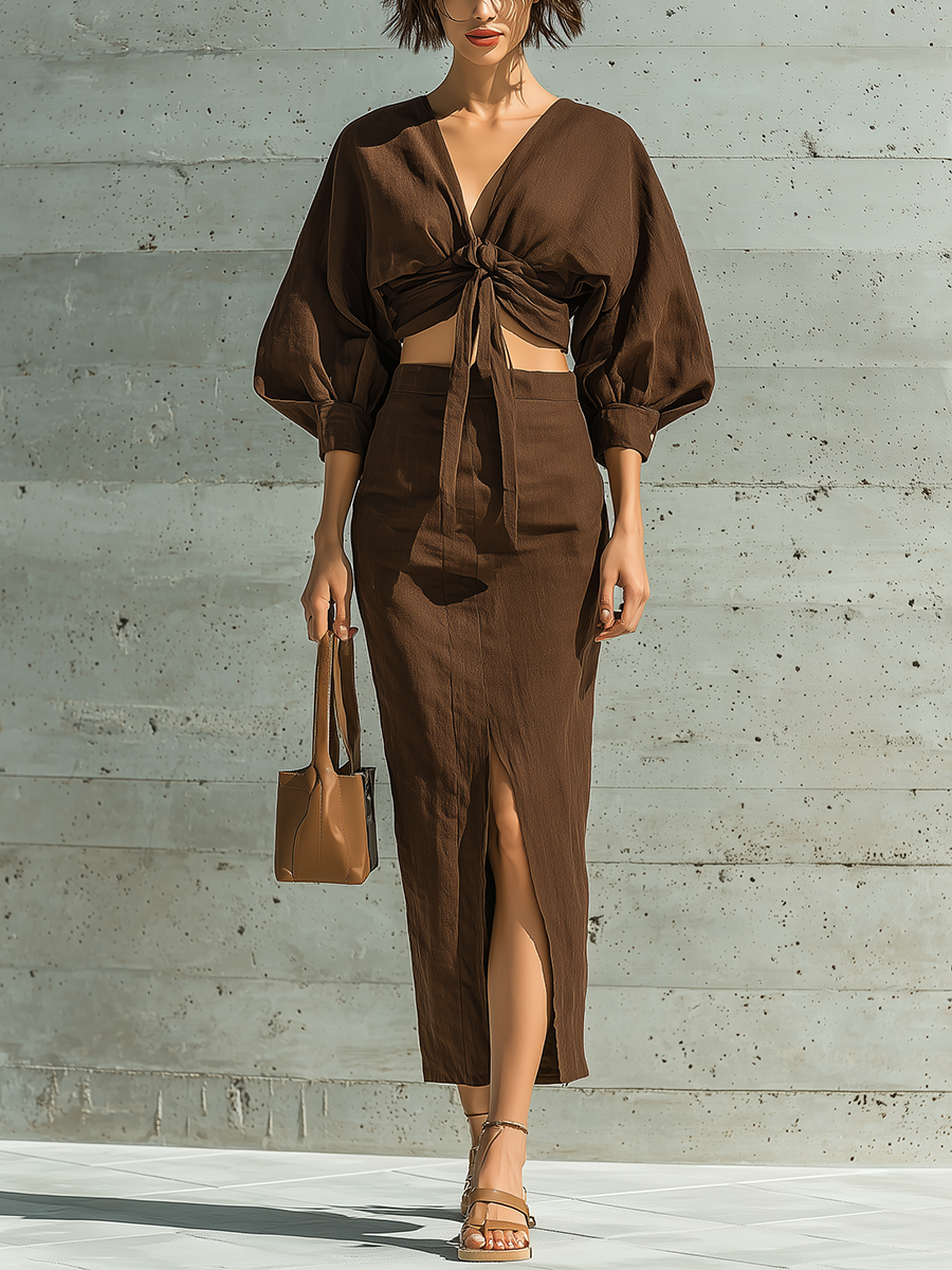 Women’s Chocolate Brown Linen-Blend V-Neck Puff Sleeve Tie-Front Crop Top & High Waist Front Slit Midi Skirt Two-Piece Set MDZ0984F0T