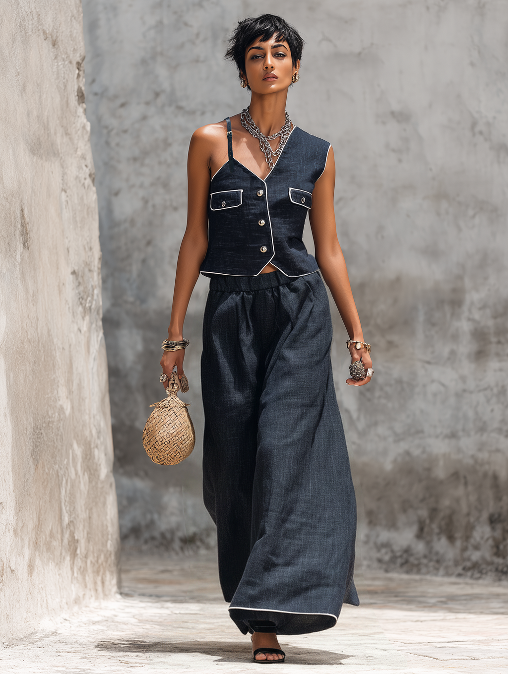Women's Minimalist Linen-Blend Asymmetric-Neck Single-Breasted Vest And Wide-Leg Trousers Set MDZ0962F5WY