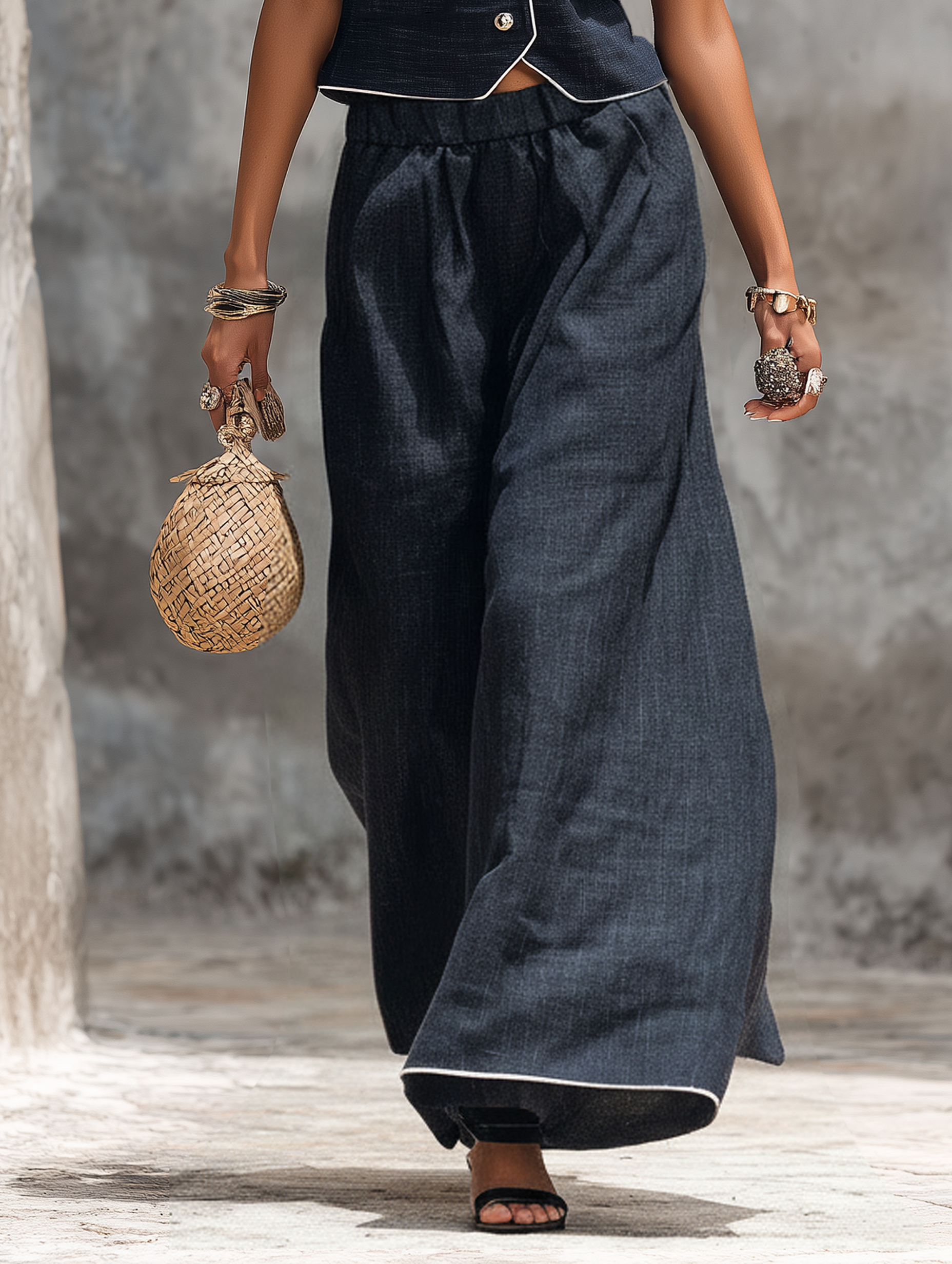 Women's Minimalist Linen-Blend Asymmetric-Neck Single-Breasted Vest And Wide-Leg Trousers Set MDZ0962F5WY