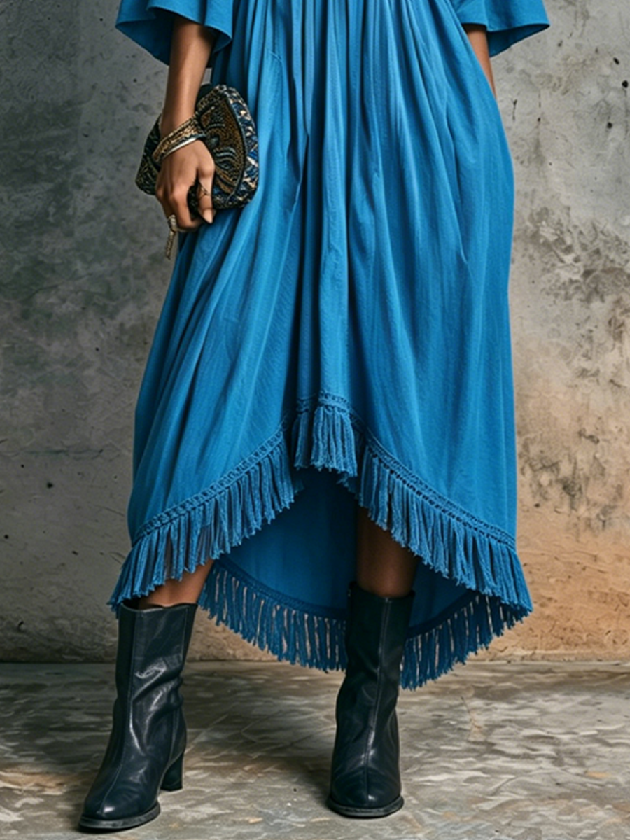 Women’s Resort-Style Royal Blue Cotton Blend V-Neck Ruffled Fringe Long Dress MDZ0996F7GMJ