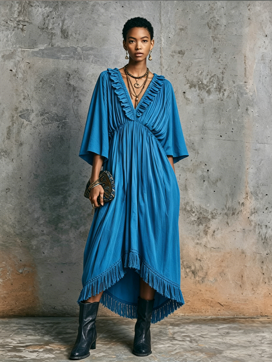 Women’s Resort-Style Royal Blue Cotton Blend V-Neck Ruffled Fringe Long Dress MDZ0996F7GMJ