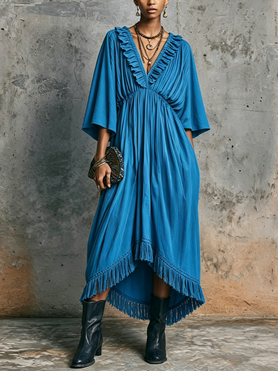 Women’s Resort-Style Royal Blue Cotton Blend V-Neck Ruffled Fringe Long Dress MDZ0996F7GMJ