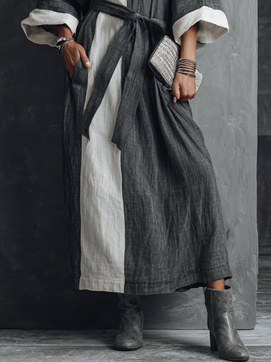 Women’s Relaxed Work-Appropriate Gray And Beige Color-Blocked Cotton And Linen Loose-Fitting V-Neck Tie-Waist Long Dress MDZ0977F0GMJ