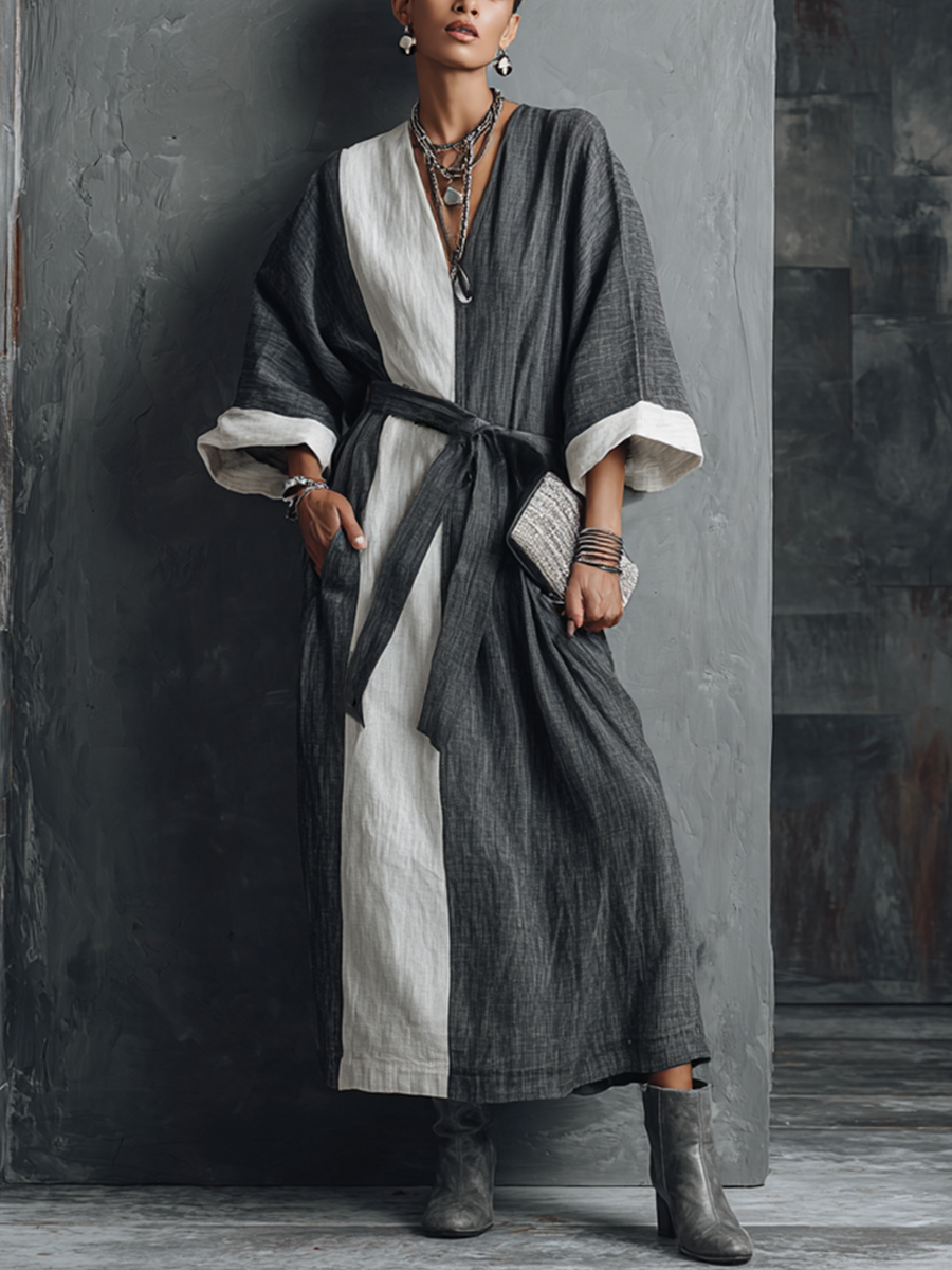 Women’s Relaxed Work-Appropriate Gray And Beige Color-Blocked Cotton And Linen Loose-Fitting V-Neck Tie-Waist Long Dress MDZ0977F0GMJ