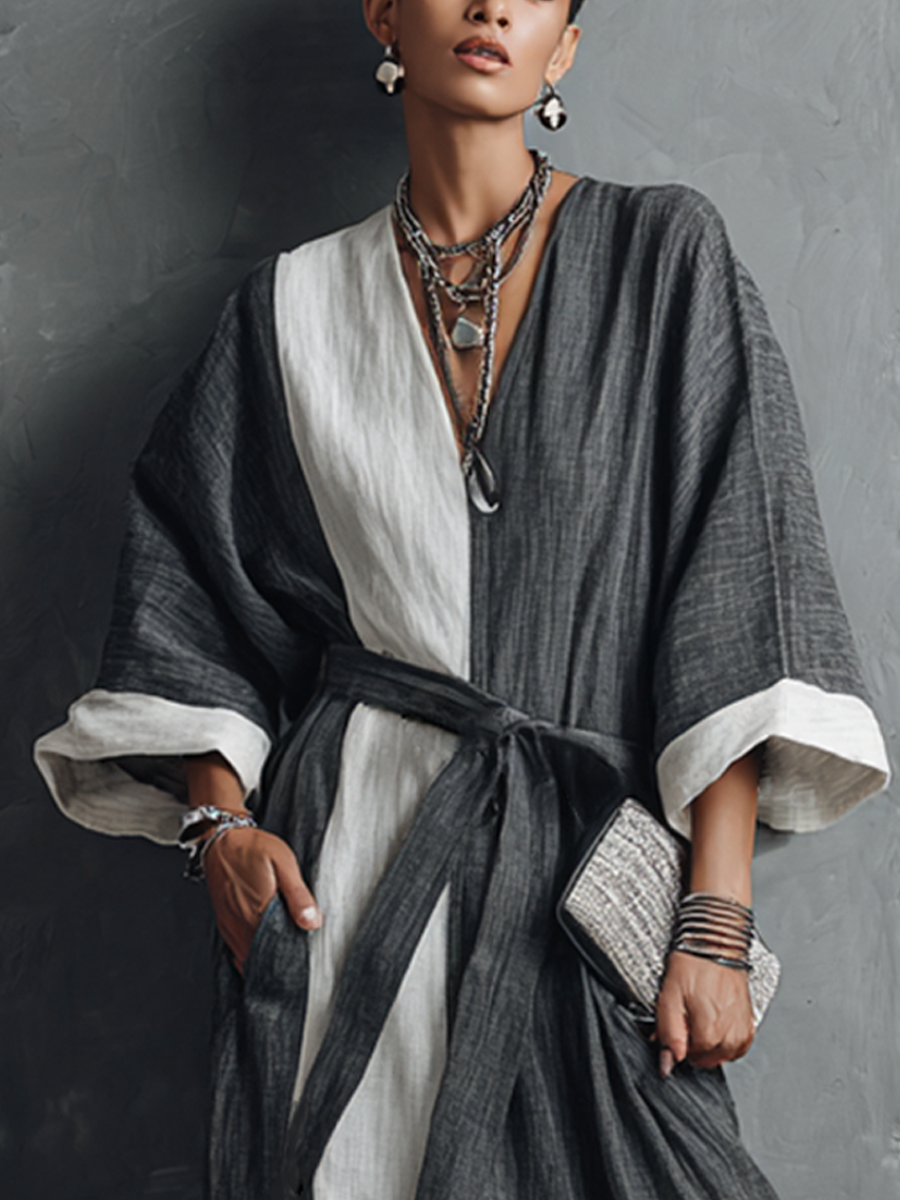 Women’s Relaxed Work-Appropriate Gray And Beige Color-Blocked Cotton And Linen Loose-Fitting V-Neck Tie-Waist Long Dress MDZ0977F0GMJ