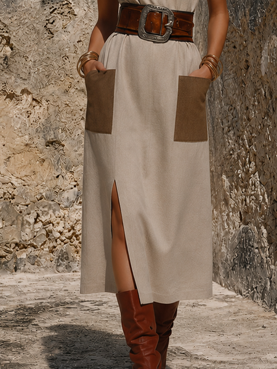 Women’s Western Vintage Style Beige Linen-Cotton Asymmetrical Neck Patch Pocket Slit Midi Dress MDZ0988F3GMJ