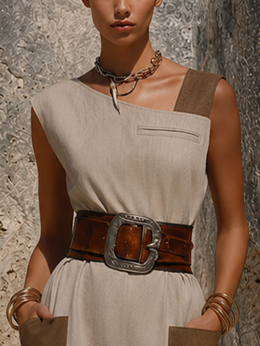 Women’s Western Vintage Style Beige Linen-Cotton Asymmetrical Neck Patch Pocket Slit Midi Dress MDZ0988F3GMJ