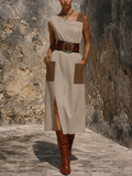 Women’s Western Vintage Style Beige Linen-Cotton Asymmetrical Neck Patch Pocket Slit Midi Dress MDZ0988F3GMJ