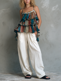 Women's Casual Printed Chiffon Camisole With Ruffles, Paired With White Cotton-linen Trousers MDZ1079F6LXY