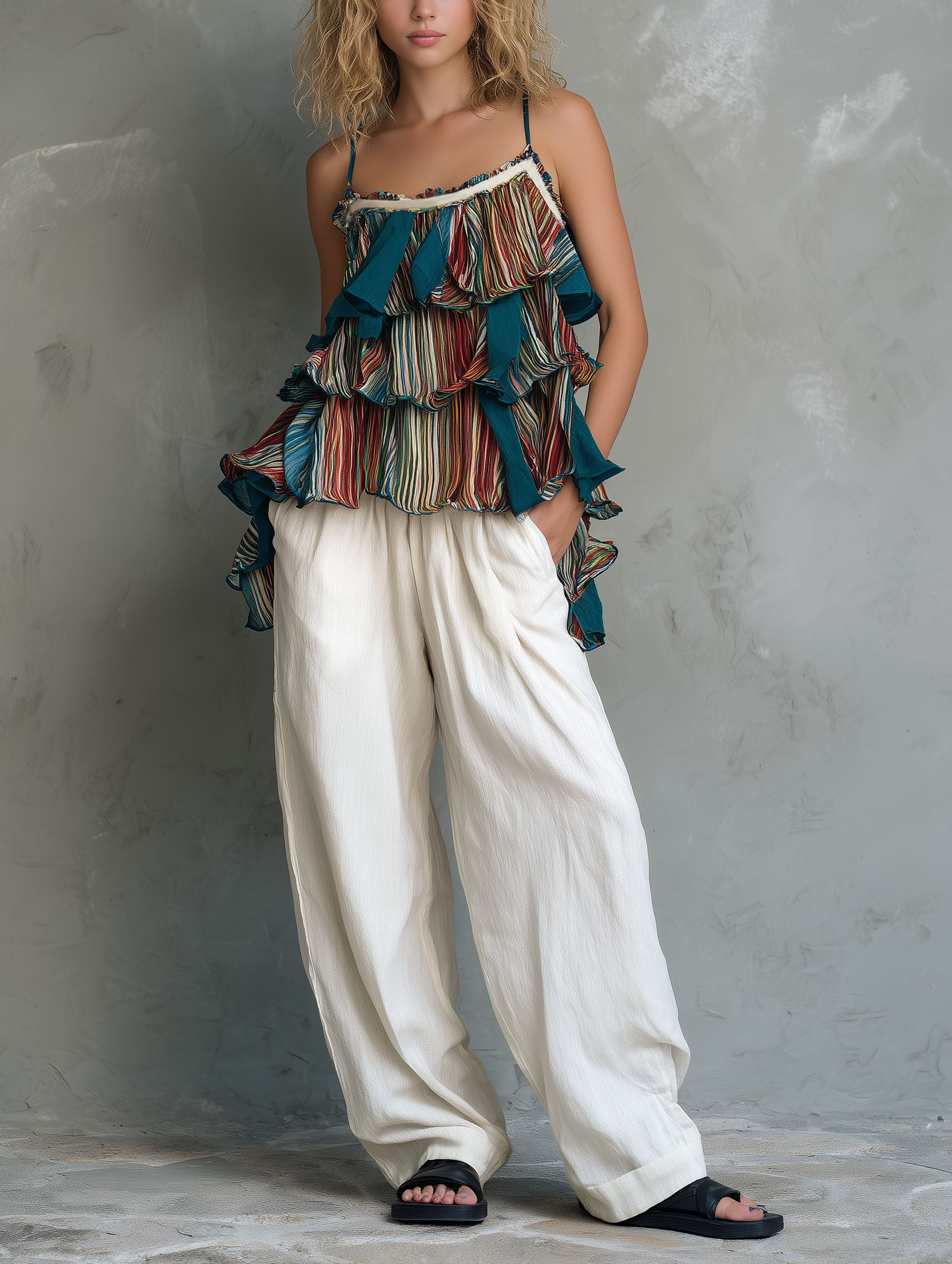 Women's Casual Printed Chiffon Camisole With Ruffles, Paired With White Cotton-linen Trousers MDZ1079F6LXY