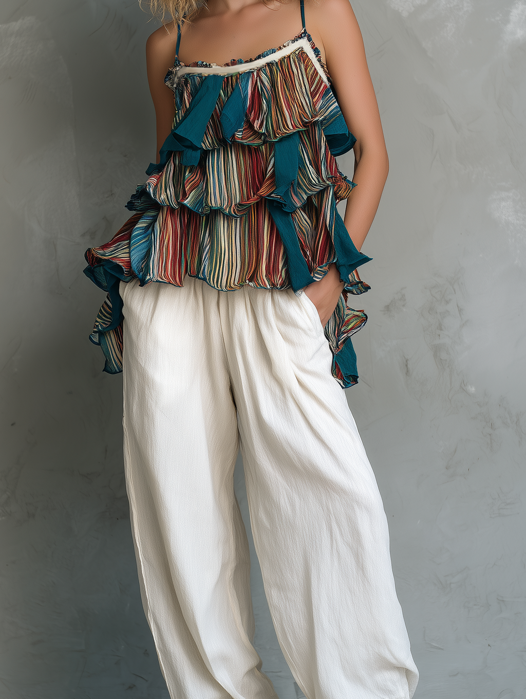 Women's Casual Printed Chiffon Camisole With Ruffles, Paired With White Cotton-linen Trousers MDZ1079F6LXY