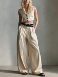 Women's Casual Khaki Woven Sleeveless Vest Paired With Trousers (belt Not Included) MDZ1032F3LXY