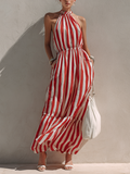Women's Red & White Striped Linen-Blend Halter Maxi Dress MDZ1025F0ZRK