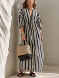Black And White Striped Linen-Blend V-Neck Puff-Sleeve Maxi Dress MDZ1040F1ZRK