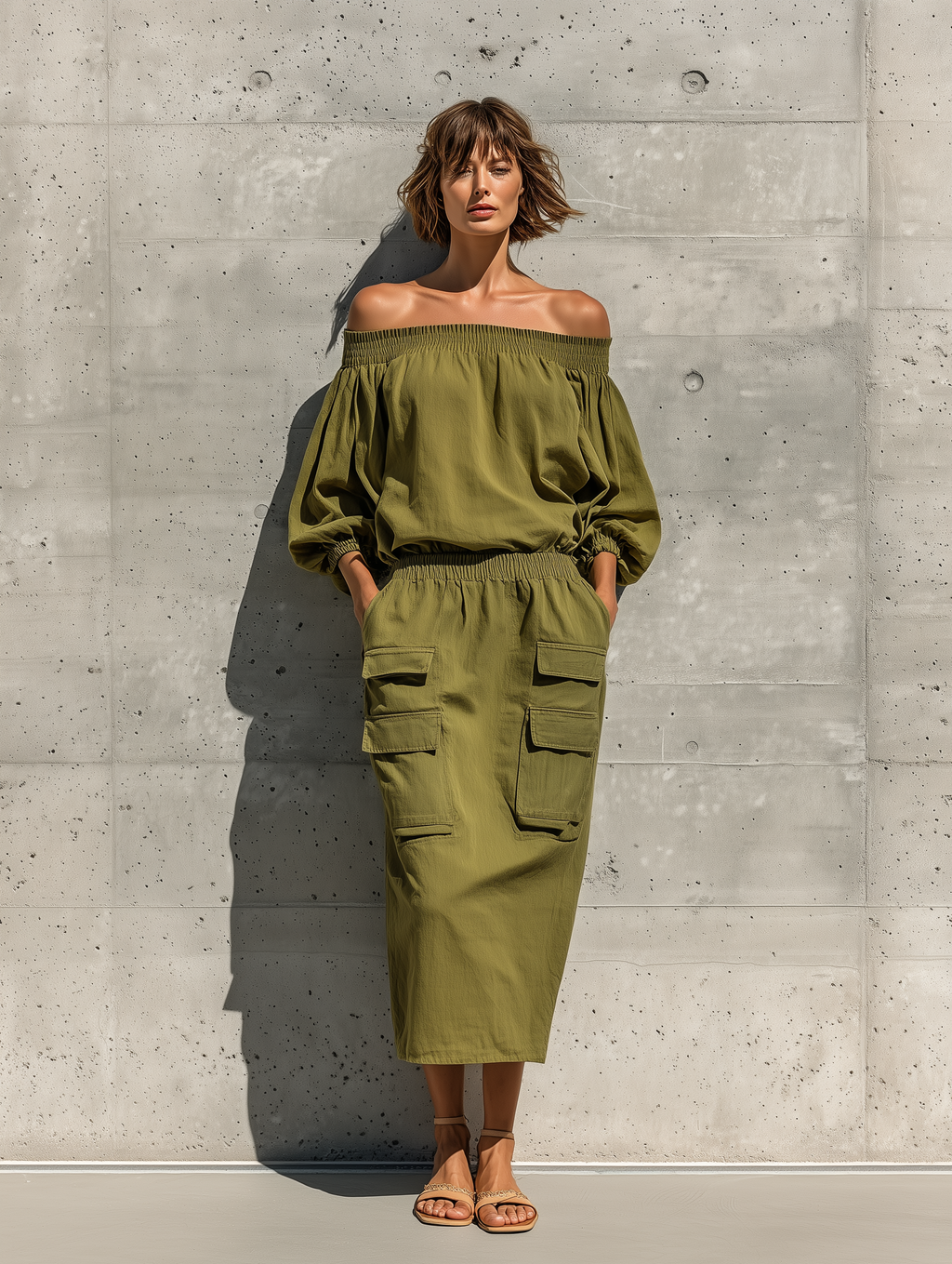 Women's Olive Green Off-Shoulder Dress with Elastic Waist and Utility Pockets MDZ1059F1T