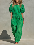 Women's Green Linen-Blend Jumpsuit With Puff Short Sleeves & Elastic Waist, Minimalist Casual Vacation Jumpsuit MDZ1095F2LYL