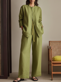 Women's Olive Green Linen-Blend Two-Piece Set With Open Front Stand Collar Jacket & Drawstring Waist Wide Leg Pants, Minimalist Casual Loungewear Outfit (without Belt) MDZ1084F3LYL