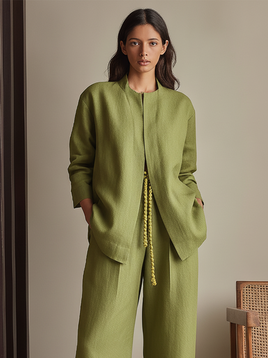 Women's Olive Green Linen-Blend Two-Piece Set With Open Front Stand Collar Jacket & Drawstring Waist Wide Leg Pants, Minimalist Casual Loungewear Outfit (without Belt) MDZ1084F3LYL