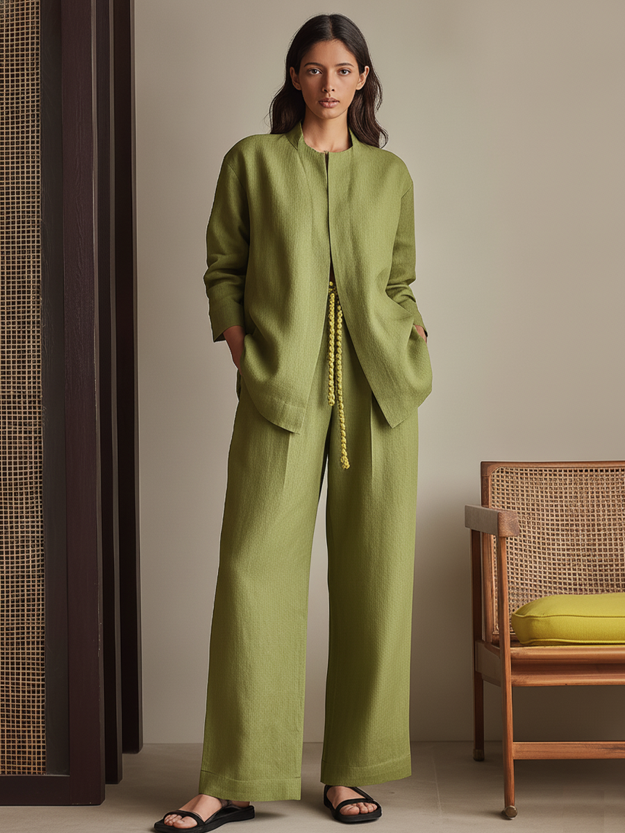 Women's Olive Green Linen-Blend Two-Piece Set With Open Front Stand Collar Jacket & Drawstring Waist Wide Leg Pants, Minimalist Casual Loungewear Outfit (without Belt) MDZ1084F3LYL
