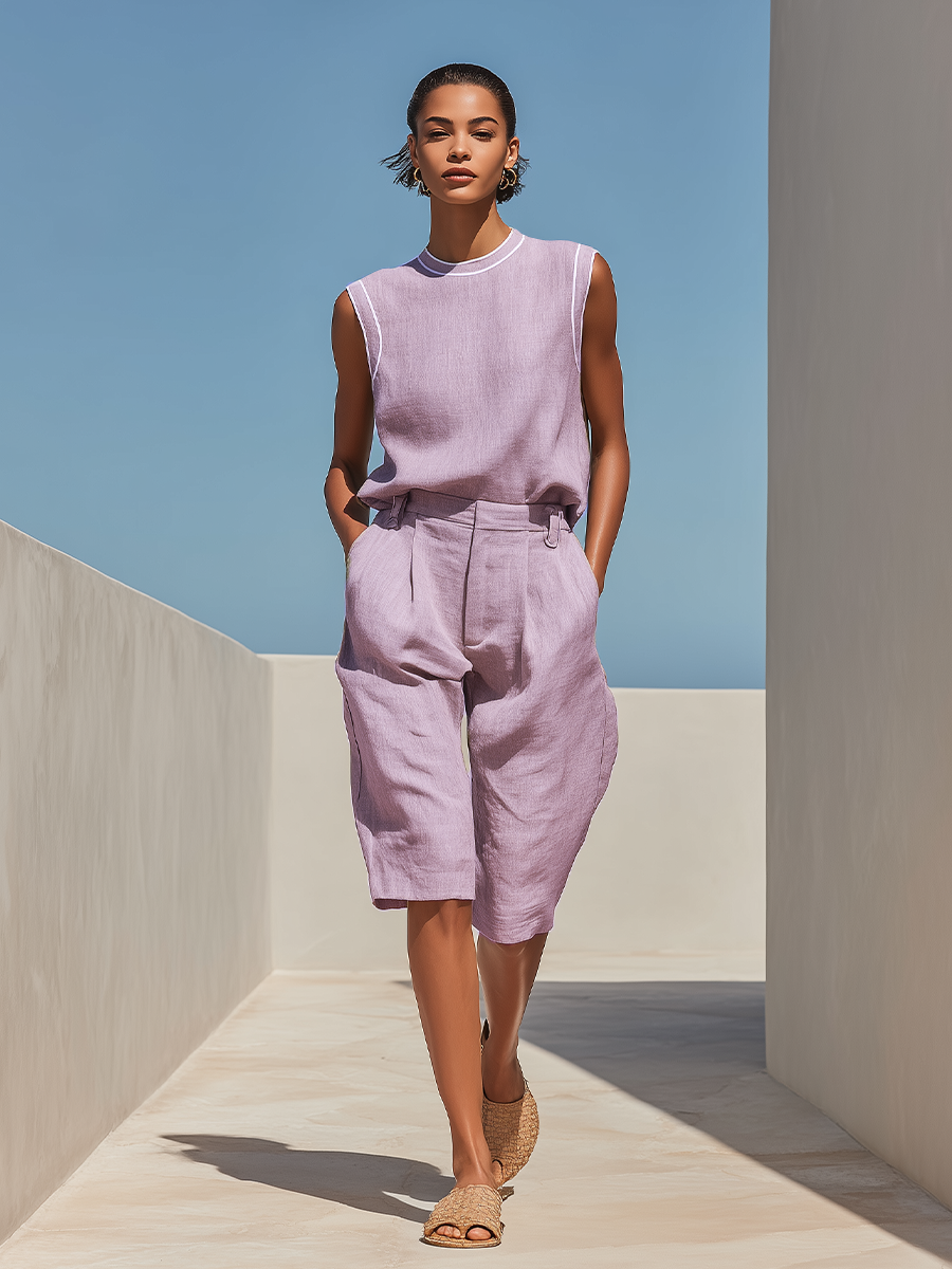 Women's Lavender Linen-Blend Two-Piece Set With Contrast Trim Sleeveless Top & High Waist Shorts, Minimalist Casual Resort Outfit MDZ1084F1LYL