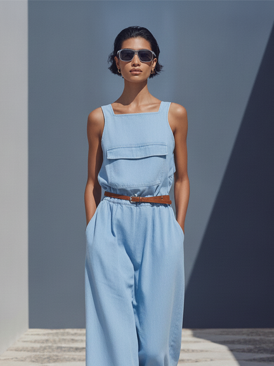 Women's Light Blue Cotton-Blend Jumpsuit With Square Neck,  Chest Pocket & Elastic Waist, Casual Minimalist Summer Jumpsuit (without Belt) MDZ1074F3LYL