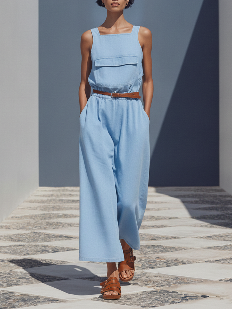 Women's Light Blue Cotton-Blend Jumpsuit With Square Neck,  Chest Pocket & Elastic Waist, Casual Minimalist Summer Jumpsuit (without Belt) MDZ1074F3LYL