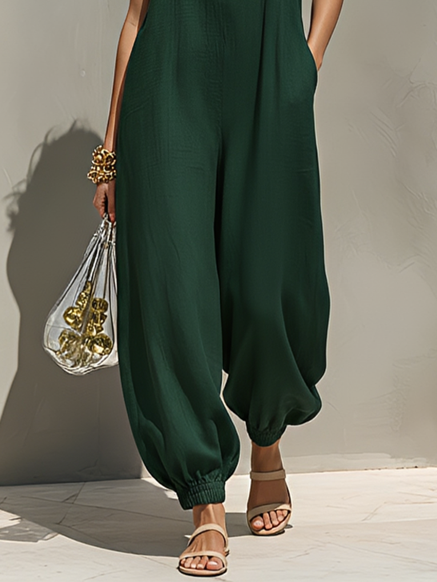 Women's Dark Green Linen-Blend Jumpsuit With Square Neck, Wide Straps , Loose Balloon Fit & Elasticated Cuffs, Casual Minimalist Summer Jumpsuit MDZ1024F9LYL