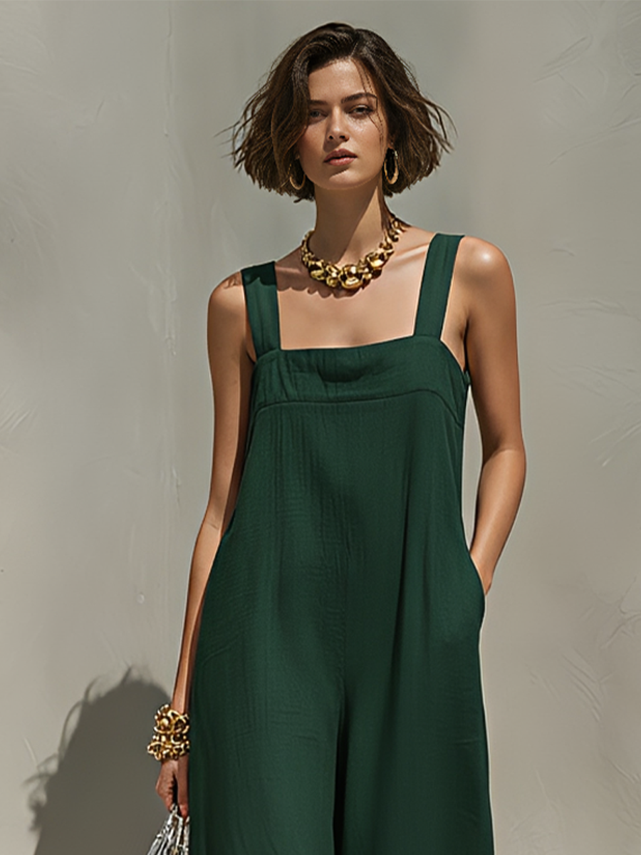 Women's Dark Green Linen-Blend Jumpsuit With Square Neck, Wide Straps , Loose Balloon Fit & Elasticated Cuffs, Casual Minimalist Summer Jumpsuit MDZ1024F9LYL