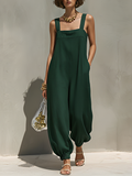 Women's Dark Green Linen-Blend Jumpsuit With Square Neck, Wide Straps , Loose Balloon Fit & Elasticated Cuffs, Casual Minimalist Summer Jumpsuit MDZ1024F9LYL