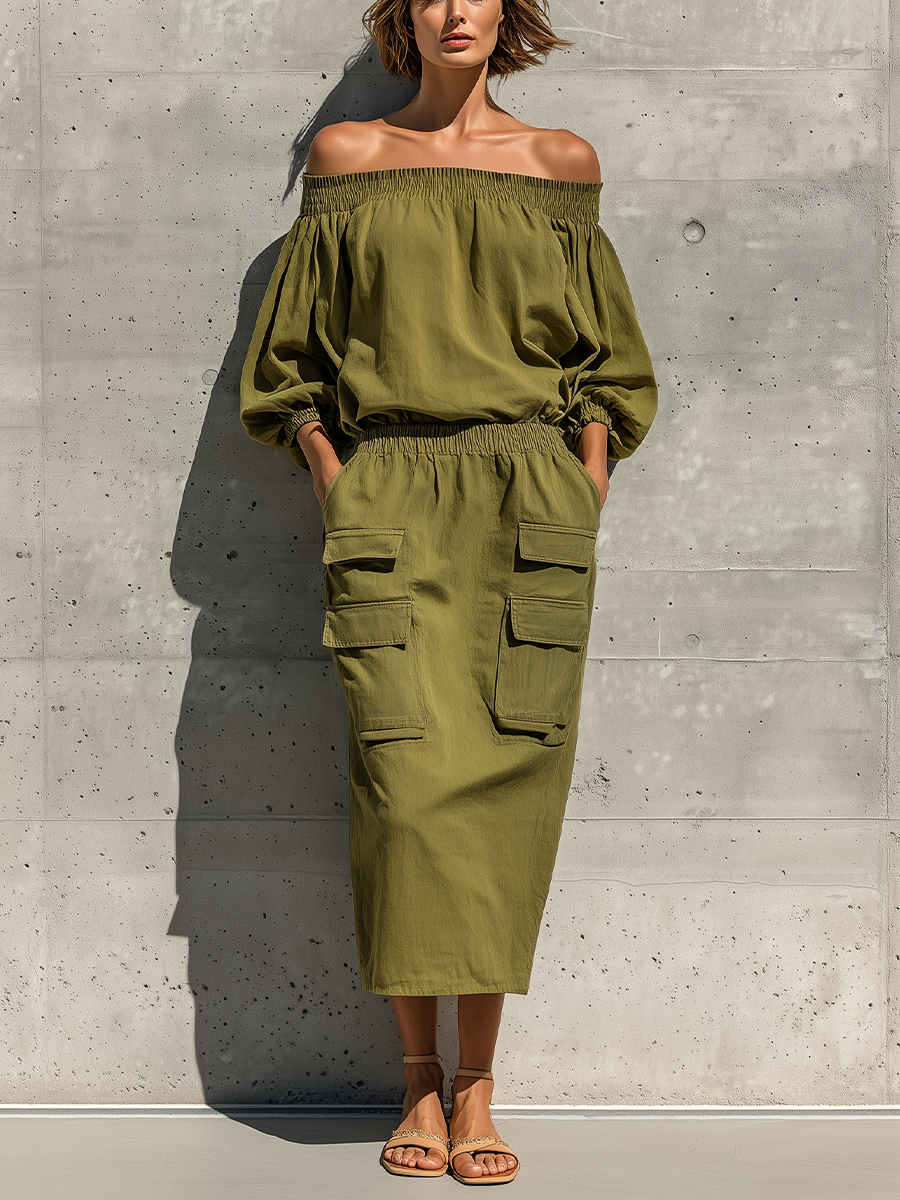 Women's Olive Green Off-Shoulder Dress with Elastic Waist and Utility Pockets MDZ1059F1T